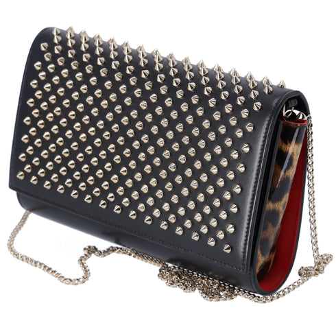 Christian Louboutin Paloma Clutch Crossbody Black Leather Leopard Studded